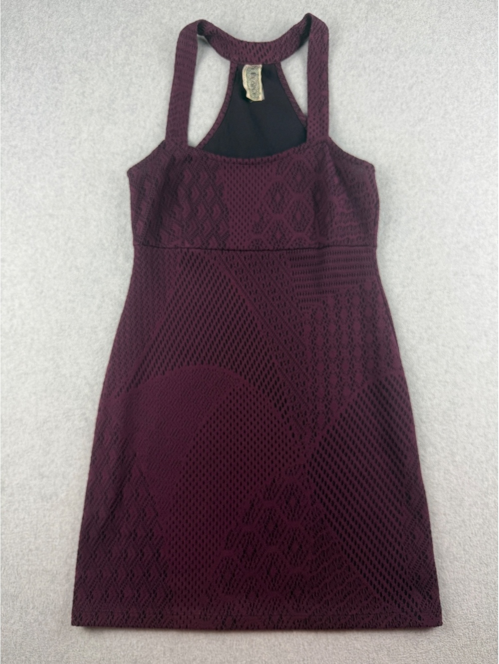 Free People XS Burgundy Patchwork Lace Crochet Racerback Mini Dress Boho